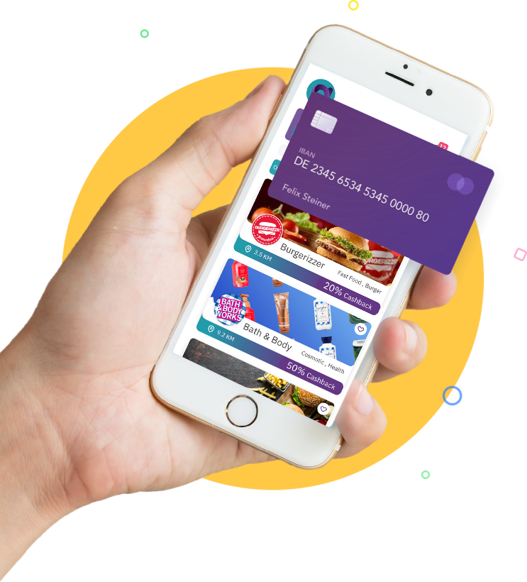 Hand holding a smartphone with Azeed app showing cashback benefits for users and businesses